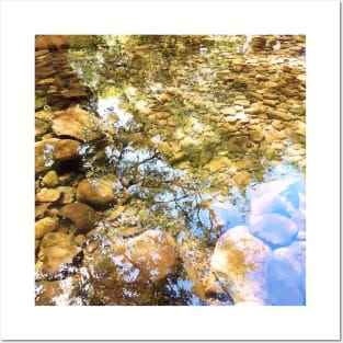 Reflection, lake, trees, pebbles, sparkle, shine, summer, river, aqua, water, spring, holiday, xmas, nature, adventure, rocks, sun, exotic, tropical, blue, turquoise, tan, tree Posters and Art